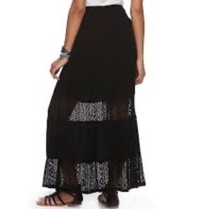 Joe B Black‎ Maxi Skirt Full Boho Crochet Gauzy Lined Flowy Elastic Waist Small